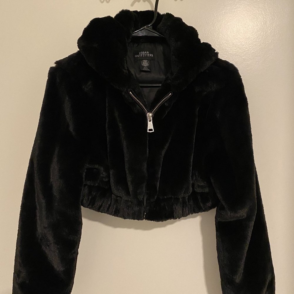 Urban Outfitters Cropped Black Faux Fur Jacket